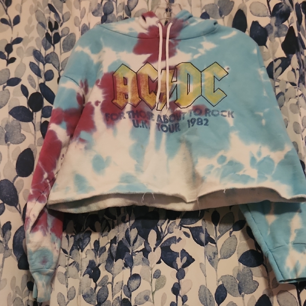 ACDC For Those About To Rock 1982 Tour Tie Dye Cropped Hoodie Womens M/L Blue